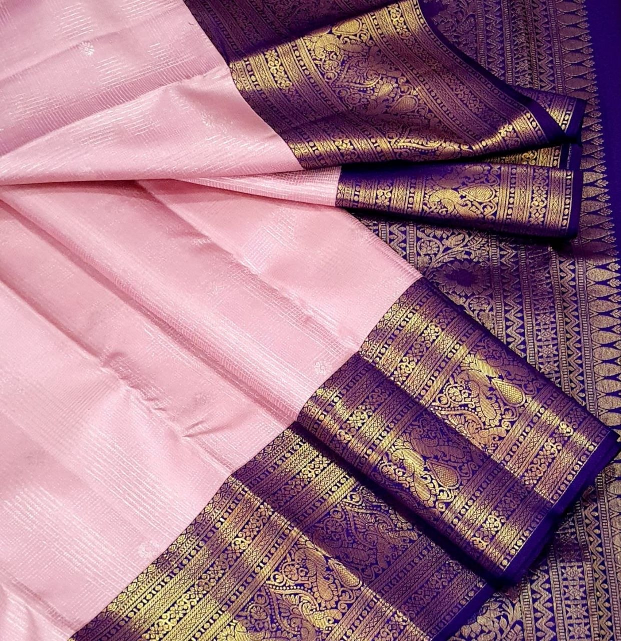 Kanchipuram Pure Handloom Korvai Silk Saree - Baby Pink & Royal Purple